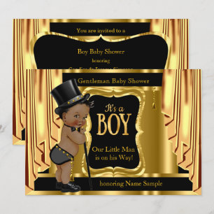 Gentleman Baby Shower Black Gold Drapes Ethnic Invitation