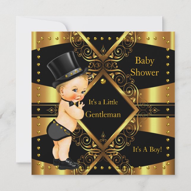 Gentleman Baby Shower Gold Boy Tophat Blonde Invitation (Front)
