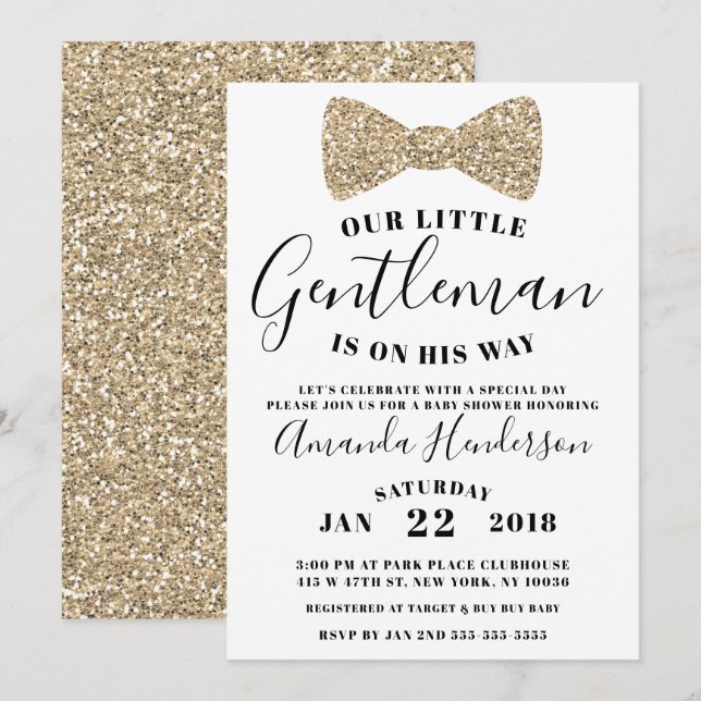 Gentleman Baby Shower Invitation, Faux Gold Invitation (Front/Back)