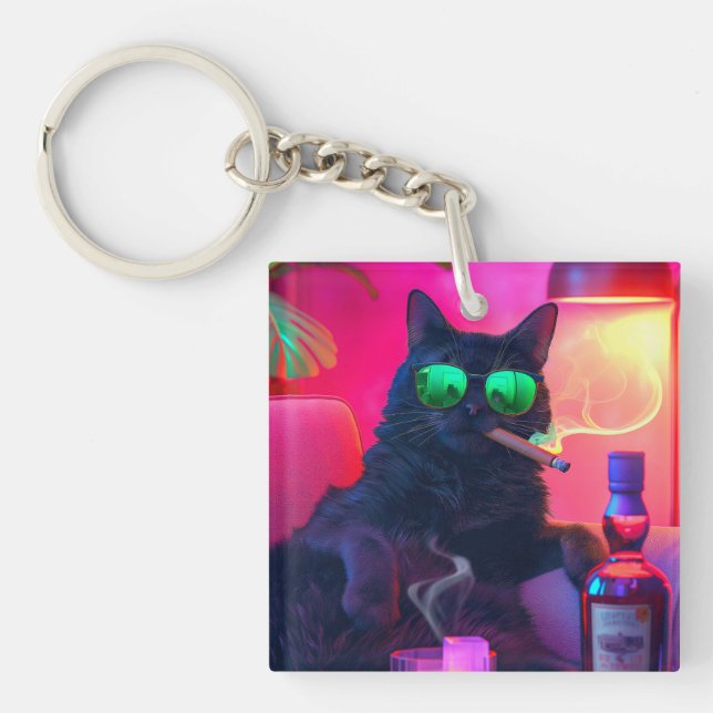 Gentleman Cat Drinking Whiskey | Funny Bar Keychain (Front)