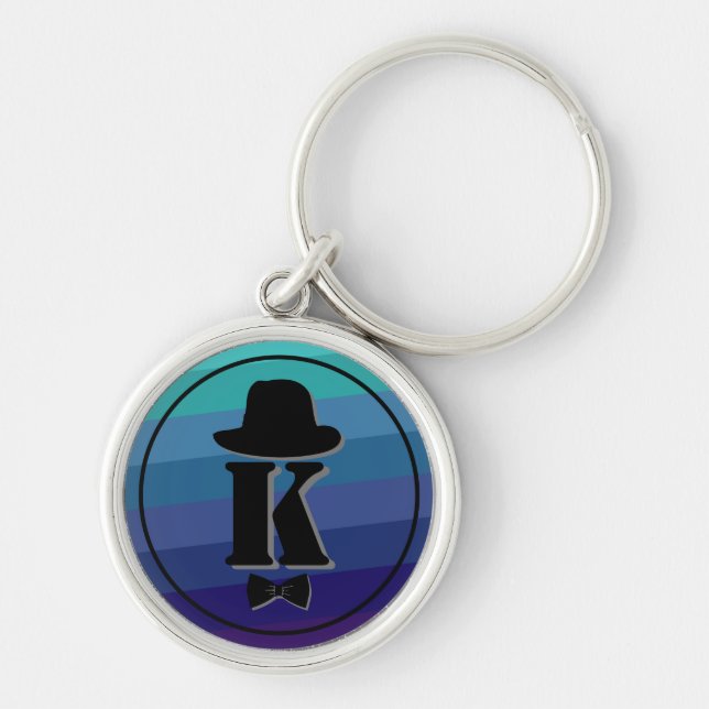 Gentleman hat bow blue ombre name initial monogram keychain (Front)
