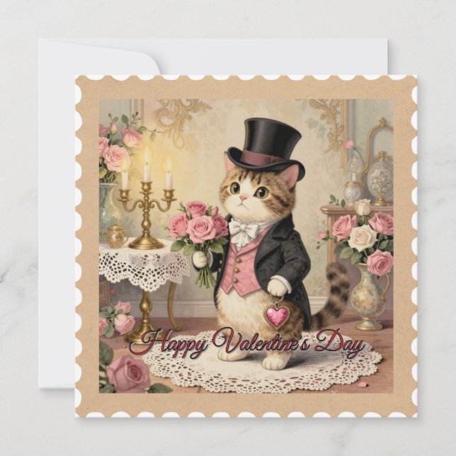 Gentleman Hat Cat – Vintage Valentine’s Day Card (Front)