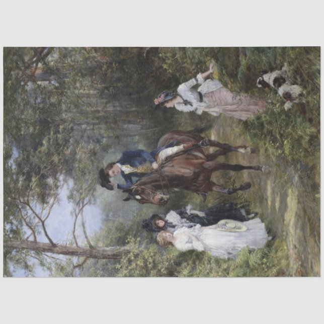 Gentleman on Horseback Meeting Ladies in a Forest Tissue Paper (Front)