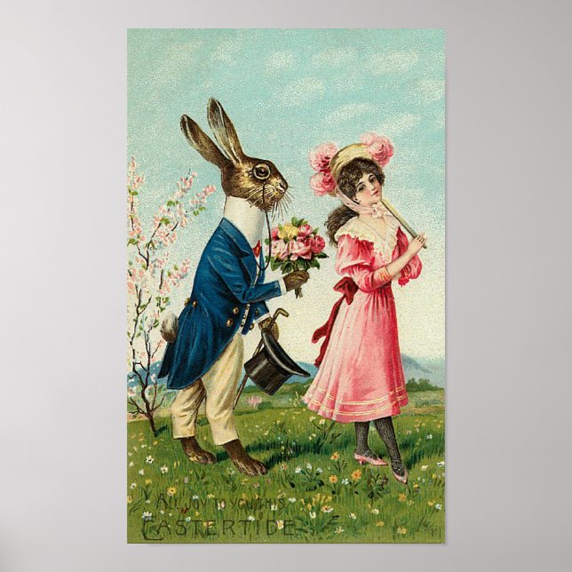 Gentleman Rabbit Courting Lady at Easter Poster (Front)