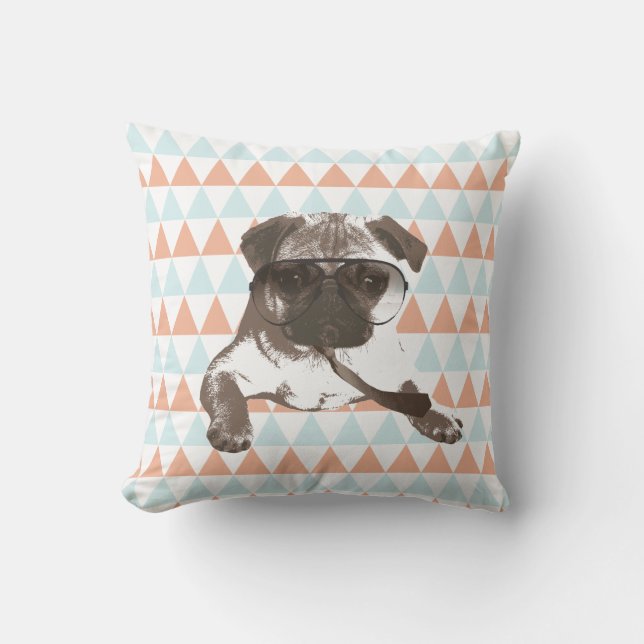 Gentleman Style Pug Colourful Triangle Pattern Throw Pillow (Front)