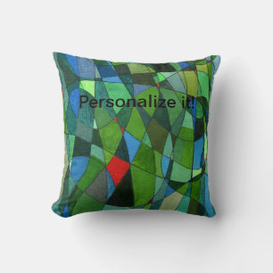 Gently curved shapes in cool greens & red accents throw pillow