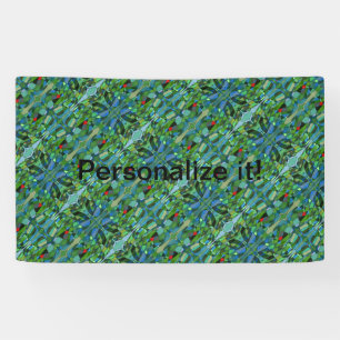 Gently curved shapes with cool green & red accents banner