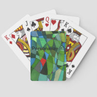 Gently curved shapes with cool green & red accents
