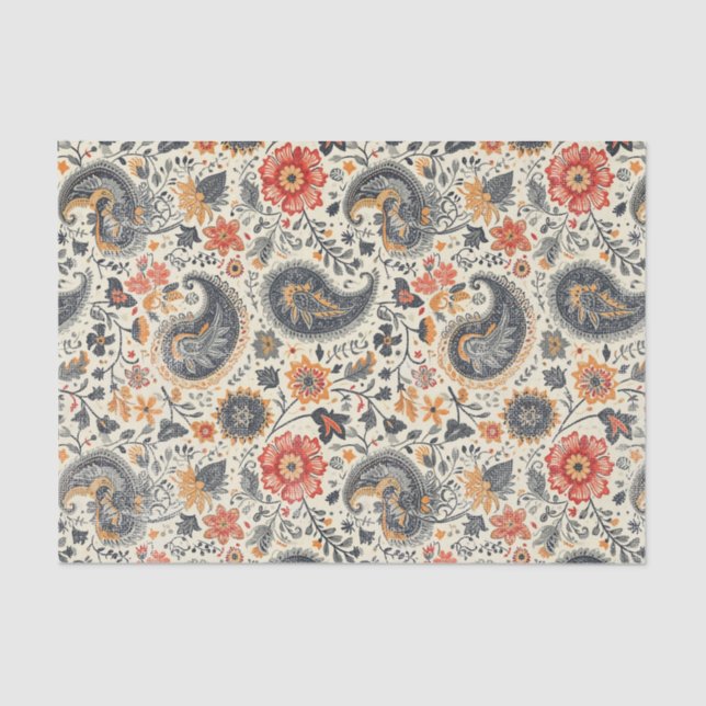 Gently Distressed Orange & Blue Paisley Pattern Tissue Paper (Front)
