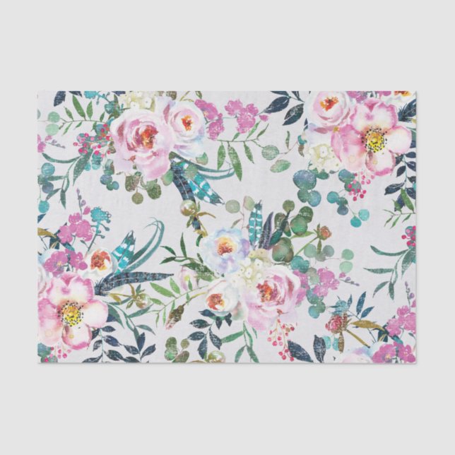 Gently Distressed Watercolor Roses and Feathers Tissue Paper (Front)