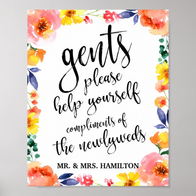 Gents Wedding Bathroom Basket 8x10 Floral Sign (Front)