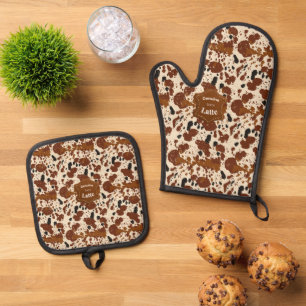 Genuine 100% Latte Cowhide Pattern Neutral Oven Mitt & Pot Holder Set
