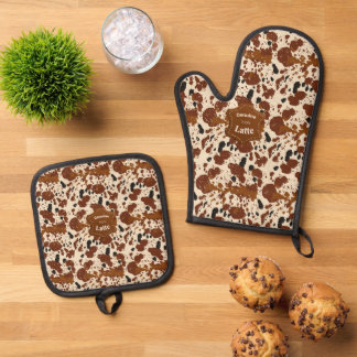 Genuine 100% Latte Cowhide Pattern | Neutral Oven Mitt & Pot Holder Set