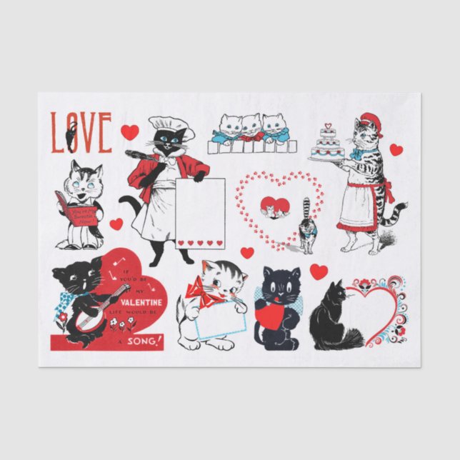 Genuine (not AI) Vintage Cat Valentines Tissue Paper (Front)