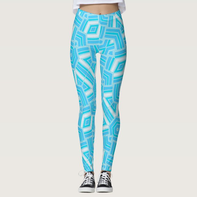 Geo Abstrait Blue+White Motifs Leggings ♥ Psydefx  (Devant)