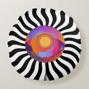 Geo Centre Black White Wavy Round Pillow