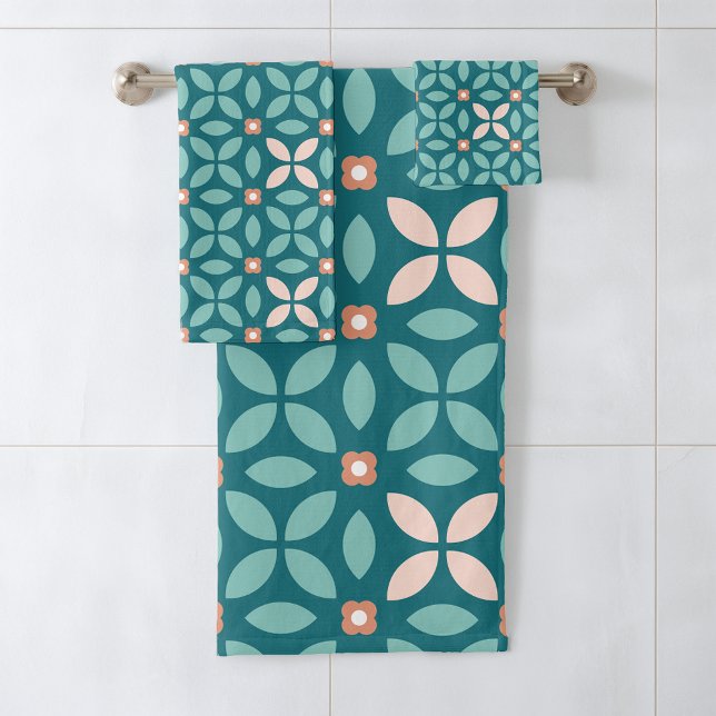 Geo Floral Retro Motif Turquoise, Pêche, Orange Br (Créateur téléchargé)