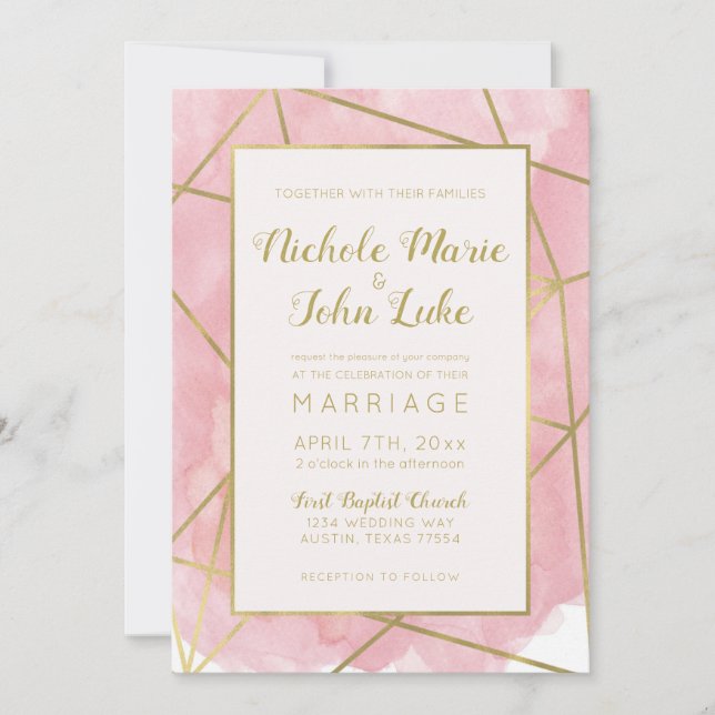 Geo Gold Foil Wedding Invitation Blush Watercolor (Front)