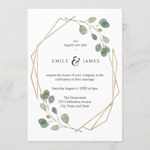 Geo Gold Frame With Watercolor Eucalyptus Wedding Invitation
