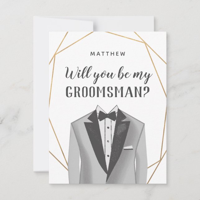 Geo Gold Tuxedo Groomsman Request Card (Front)