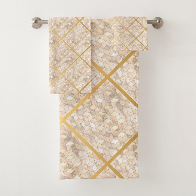 GEO GRID BLOCK GOLD BRONZE BATHROOM TOWEL SET (Insitu)