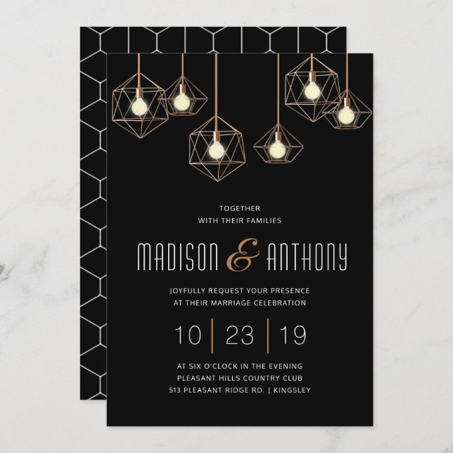 Geo Lights Black and Gold Modern Geometric Wedding Invitation (Front/Back)