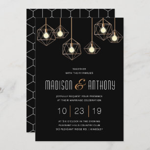 Geo Lights Black and Gold Modern Geometric Wedding Invitation