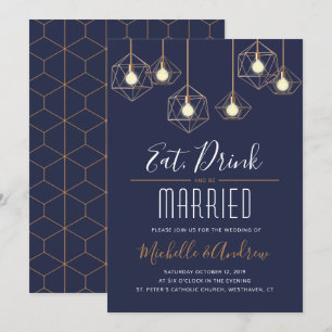 Geo Lights Eat Drink and be Married Navy Wedding Invitation