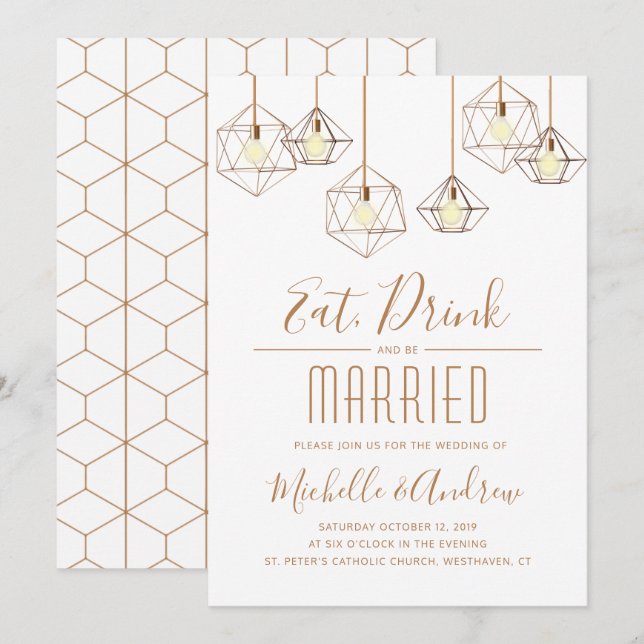 Geo Lights Eat Drink and be Married White Wedding Invitation (Front/Back)