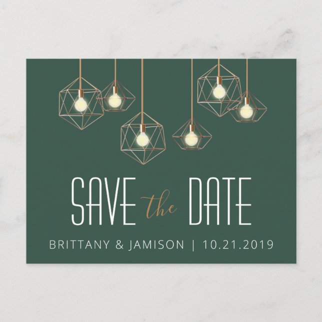Geo Lights Green Modern Geometric Save the Date Announcement Postcard (Front)