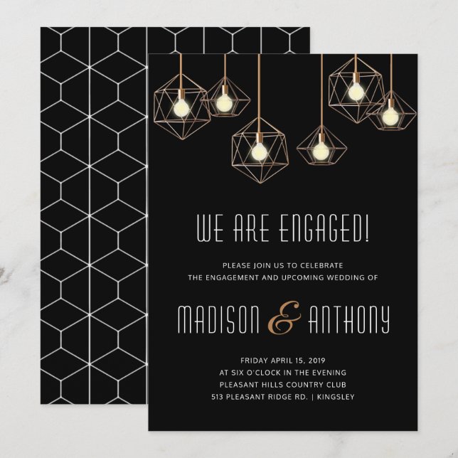 Geo Lights Modern Black Geometric Engagement Party Invitation (Front/Back)