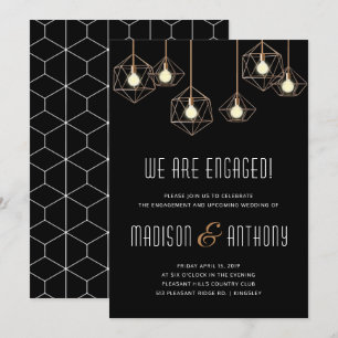 Geo Lights Modern Black Geometric Engagement Party Invitation