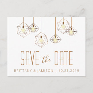 Geo Lights White Modern Geometric Save the Date Announcement Postcard