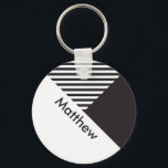 Geo Minimal Black White Stripes Custom Name Tag Keychain<br><div class="desc">Geo Minimal Black White Stripes Custom Name Tag keychain</div>