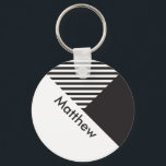 Geo Minimal Black White Stripes Custom Name Tag Keychain<br><div class="desc">Geo Minimal Black White Stripes Custom Name Tag keychain</div>