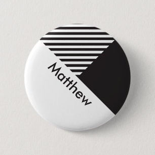 Geo Minimal Black White Stripes Employee Name Tag 2 Inch Round Button