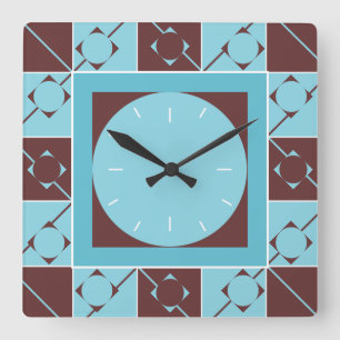 Geo Plaid Blue/Brown Square Wall Clock