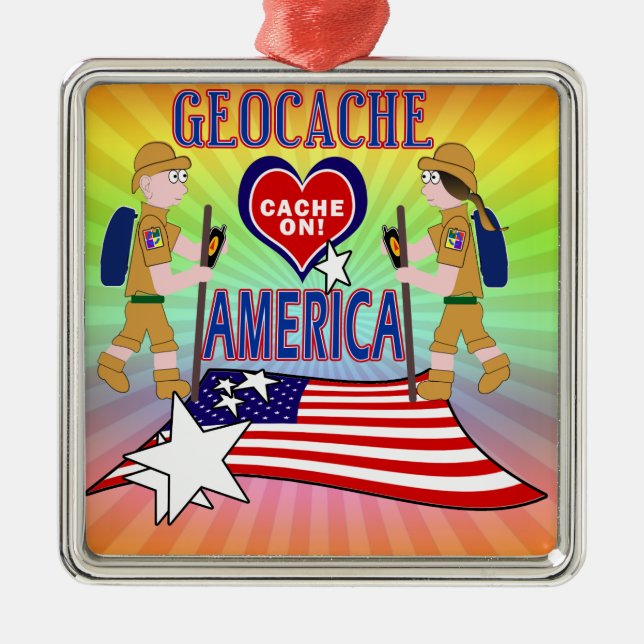 GEOCACHE AMERICA GEOCACHING METAL ORNAMENT (Front)