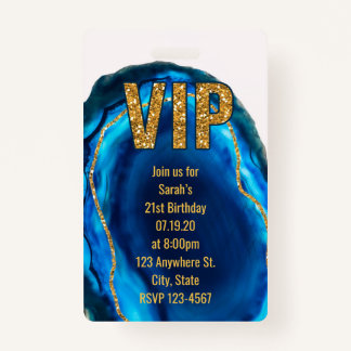 Geode Agate Blue Gold Birthday VIP Pass Invitation Badge