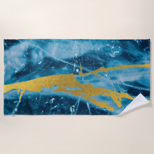 Geode Agate Gemstone Blue and Gold Beach Towel (Front)
