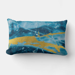 Geode Agate Gemstone Blue and Gold Lumbar Pillow