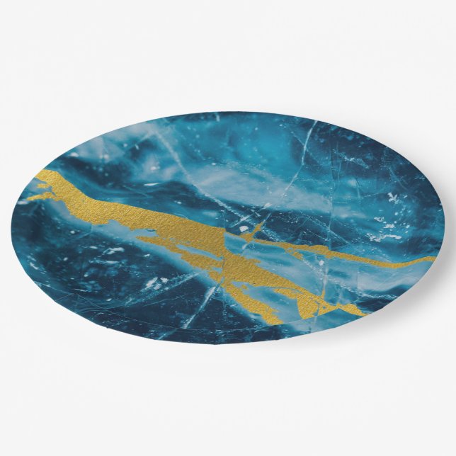 Geode Agate Gemstone Blue and Gold Paper Plate (Angled)