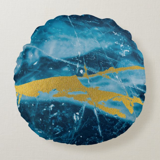 Geode Agate Gemstone Blue and Gold Round Pillow (Front)