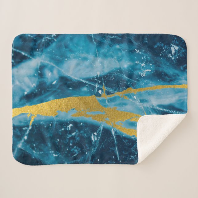 Geode Agate Gemstone Blue and Gold Sherpa Blanket (Front (Horizontal))