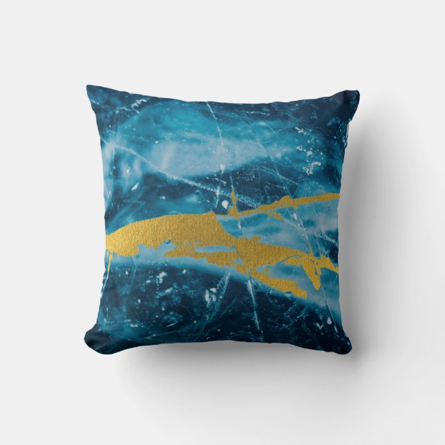 Geode Agate Gemstone Blue and Gold Throw Pillow (Front)