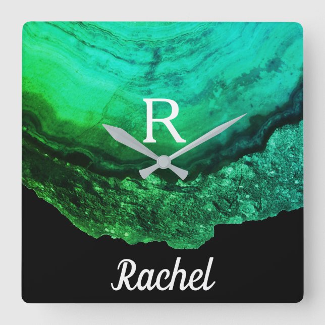 Geode Agate Monogram Initials Name Template Green Square Wall Clock (Front)