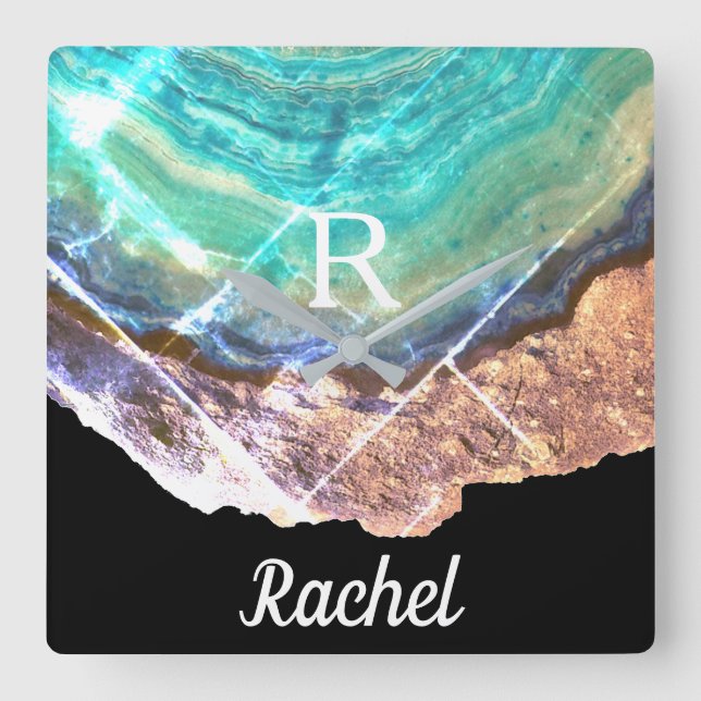 Geode Agate Monogram Name Template Green Sparkling Square Wall Clock (Front)