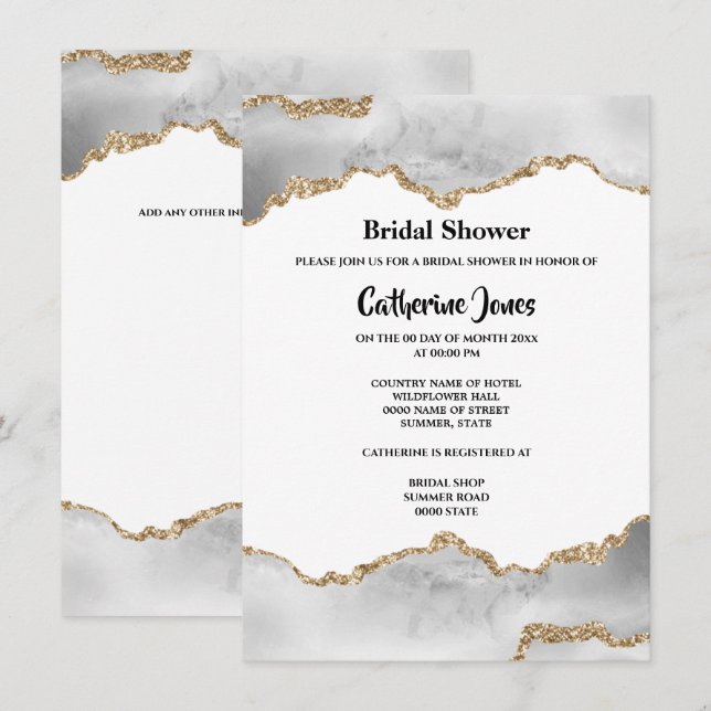 Geode chic gold white agate watercolor bridal invitation (Front/Back)