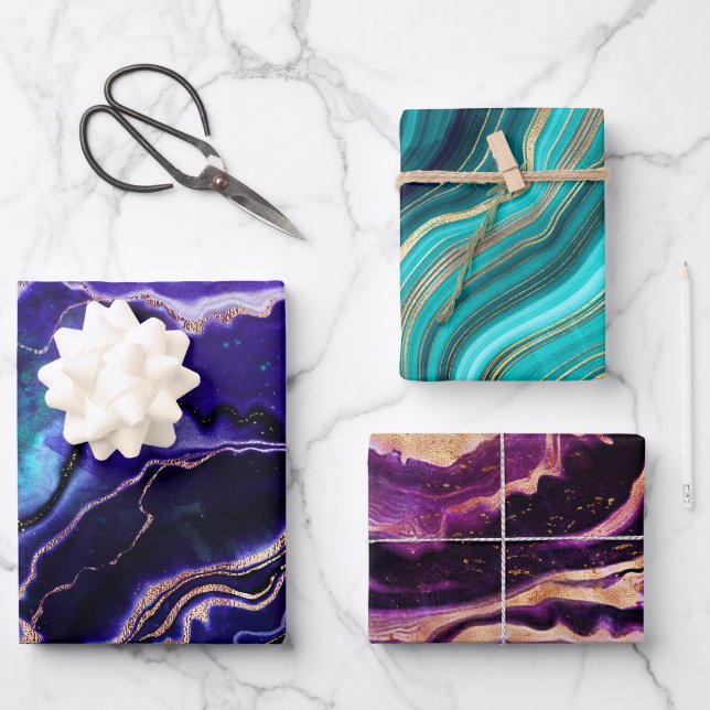 Geode Deep Blue Purple Rose Gold Green Pink Agate Wrapping Paper Sheet (Front)