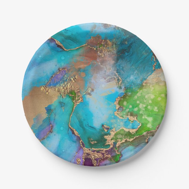 Geode faux gold blue purple purple agate gemstone paper plate (Front)